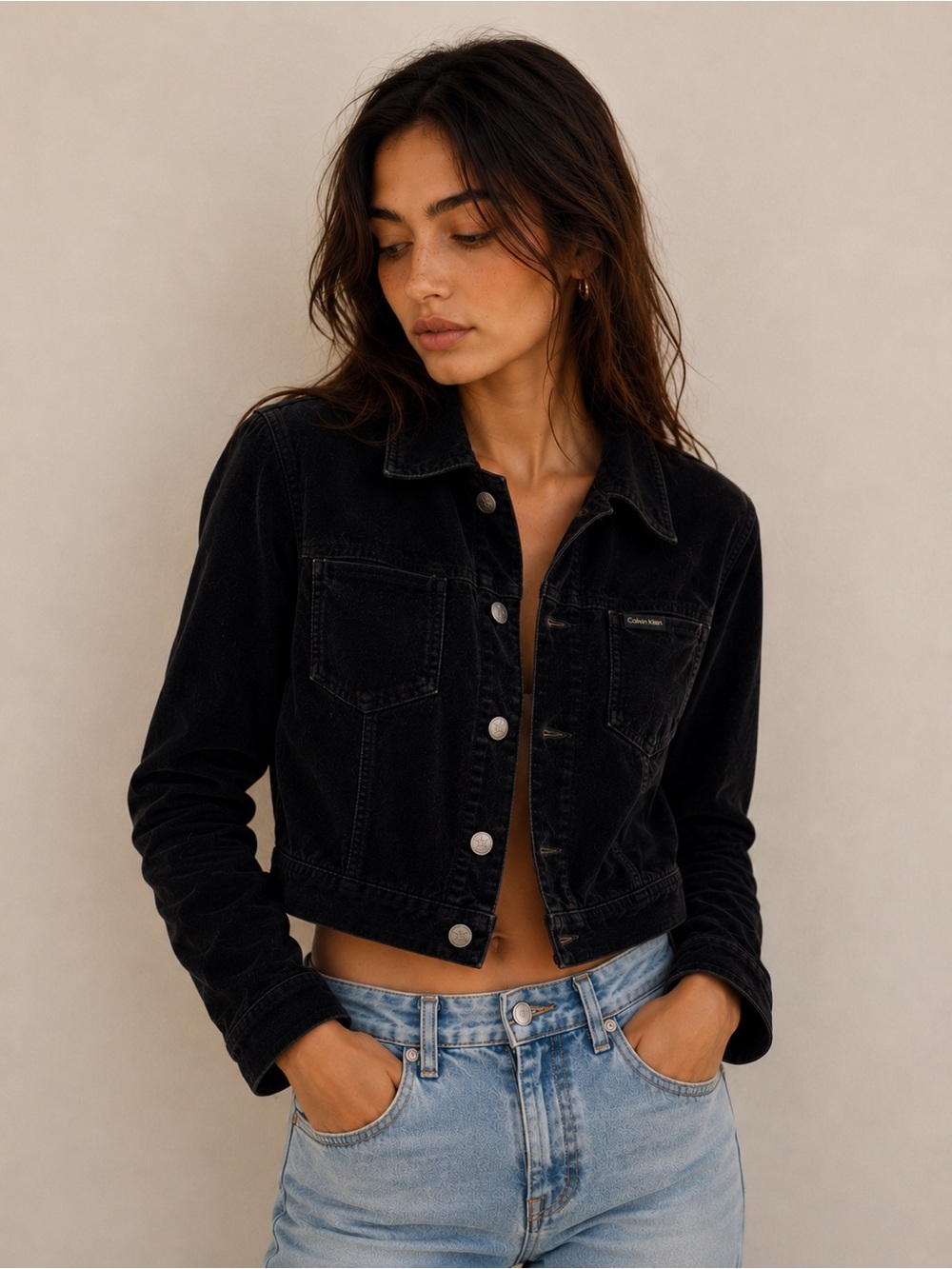 Vintage 90s Calvin Klein Jeans Black Velour Trucker Jacket Cropped Minimalist XL